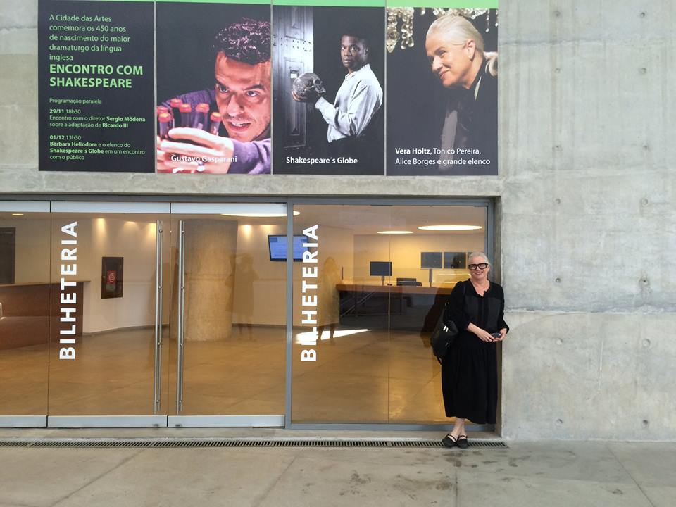 Vera Holtz under billboards for the the Rio Shakespeare Festival at Cidade das Artes - where Timon of Athens was presented alongside the Globe (on its 2014 world tour ) and Gustavo Gasparani's Richard III