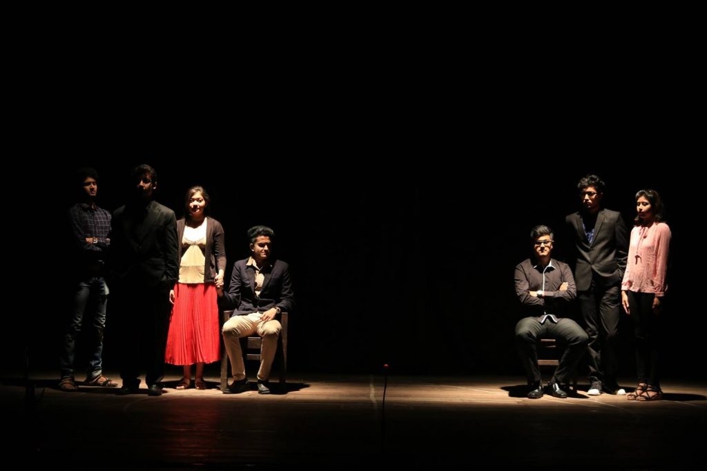 Picture showing the two families. From left to right: Horatio, Hamlet, Gertrude, Claudius, Polonius, Laertes, Ophelia.
